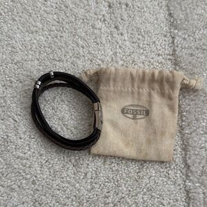 Fossil Dark Brown Braided & Smooth Leather Wrap Bracelet with Silver Accent